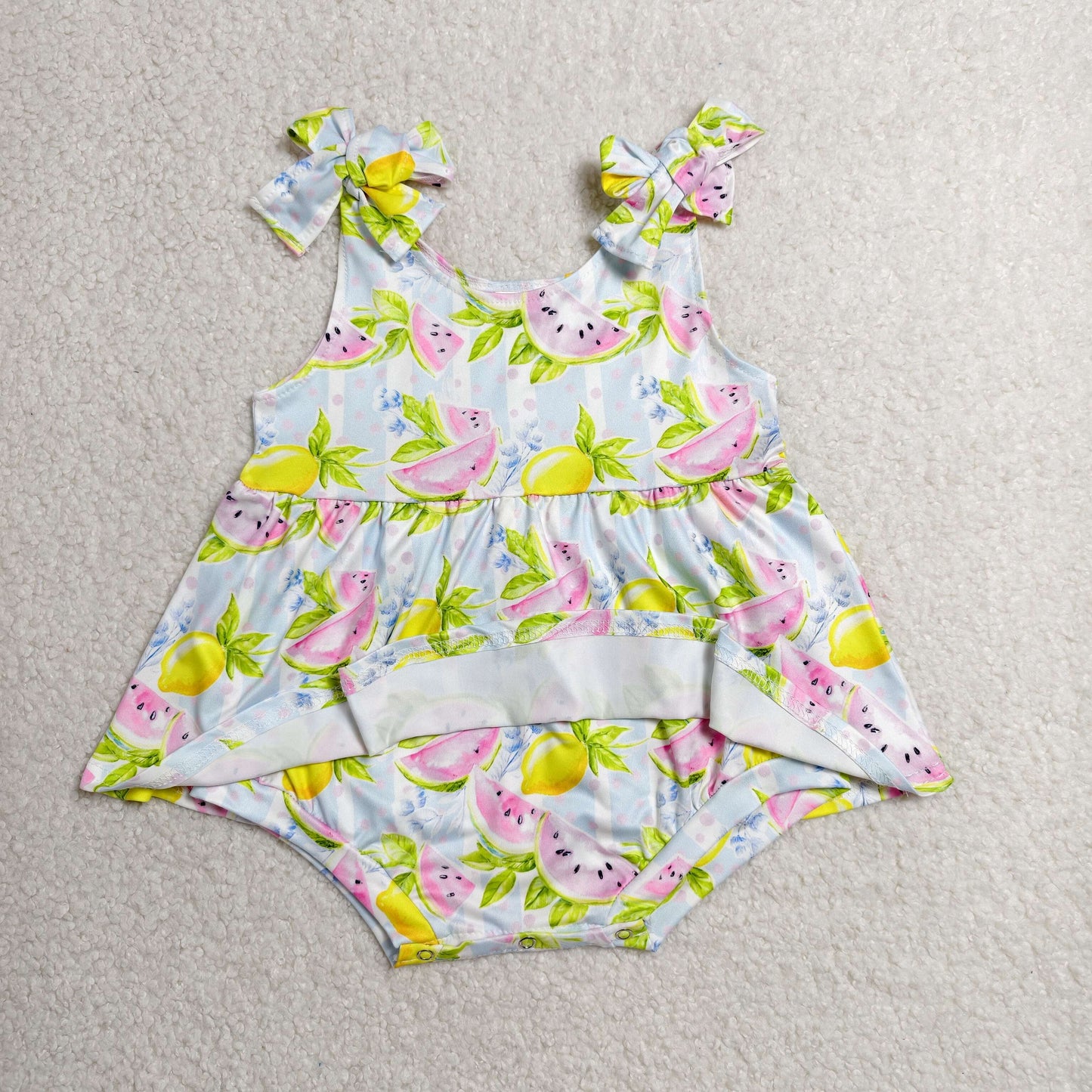 Sibling Baby Girls Lemons Watermelons Strap Ruffle Knee Length Dress Tunic Bummies Rompers