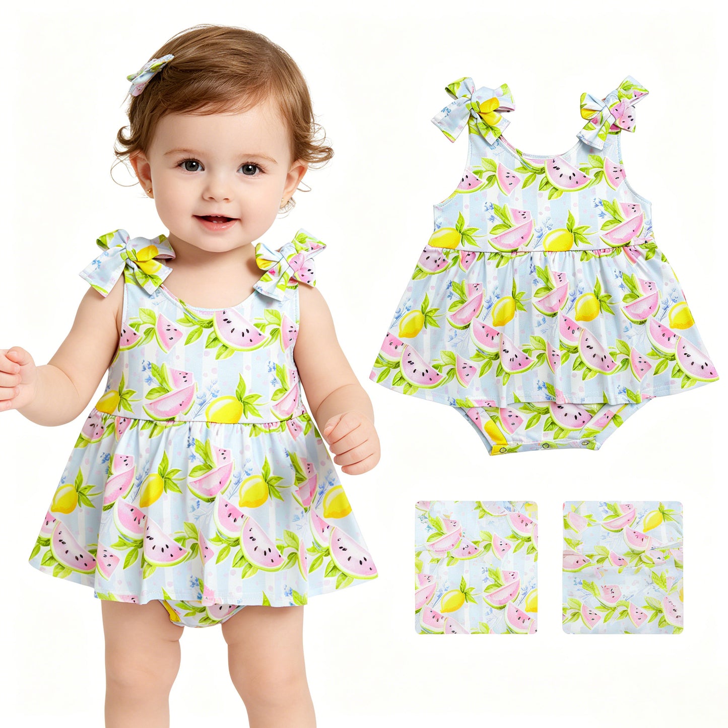 Baby Girls Strap Watermelon Lemons Tunic Ruffle Rompers