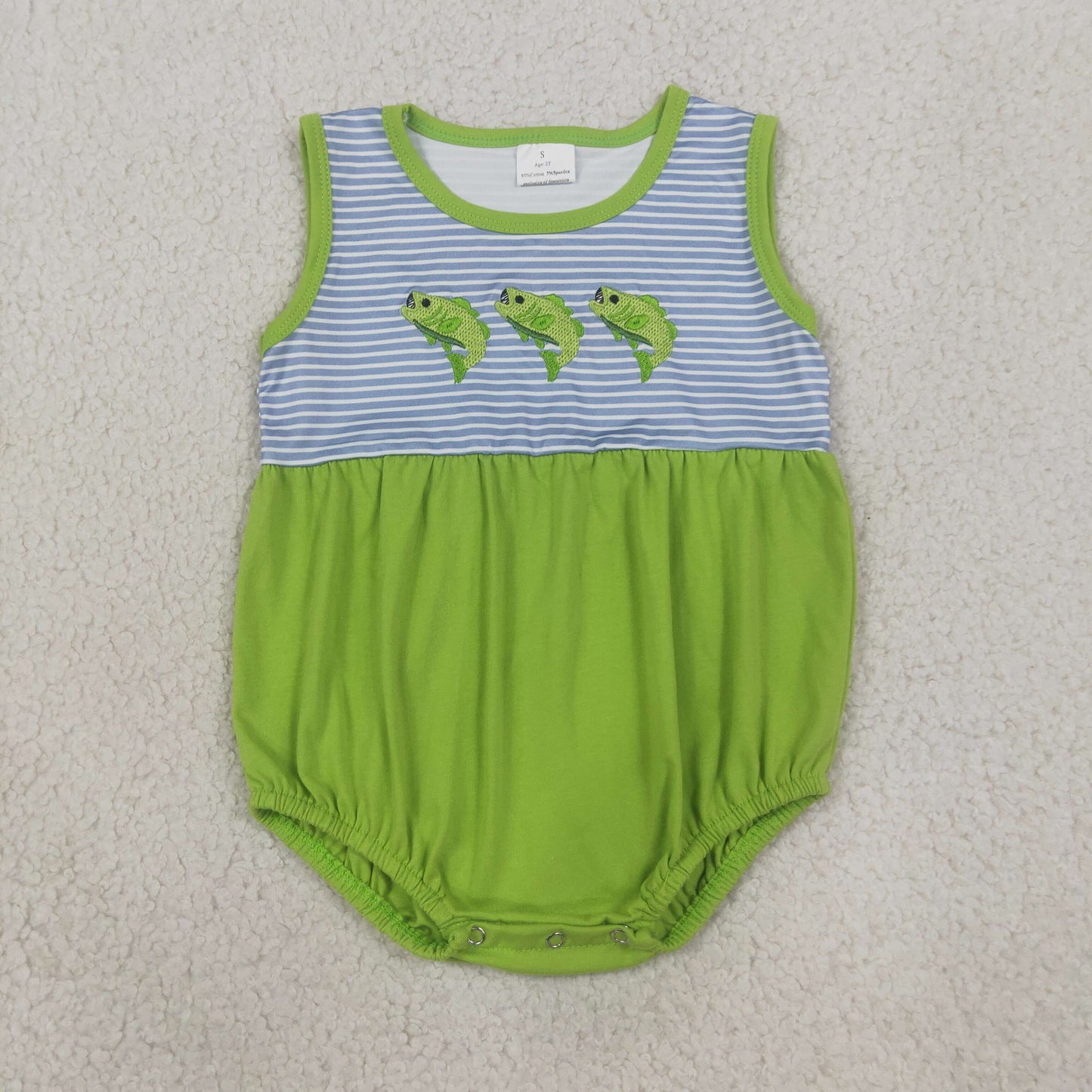 Embroidery Fishes Baby Boys Sleeveless Fishing Hunting Stripe Rompers