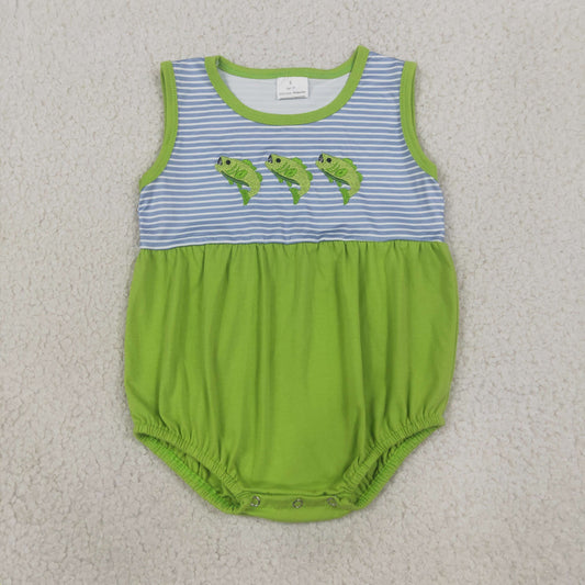 Embroidery Fishes Baby Boys Sleeveless Fishing Hunting Stripe Rompers