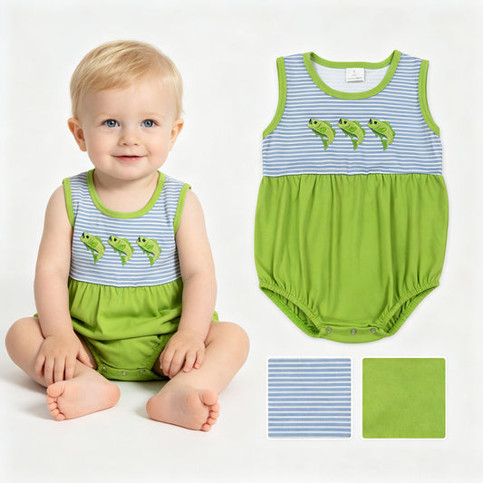 Embroidery Fishes Baby Boys Sleeveless Fishing Hunting Stripe Rompers