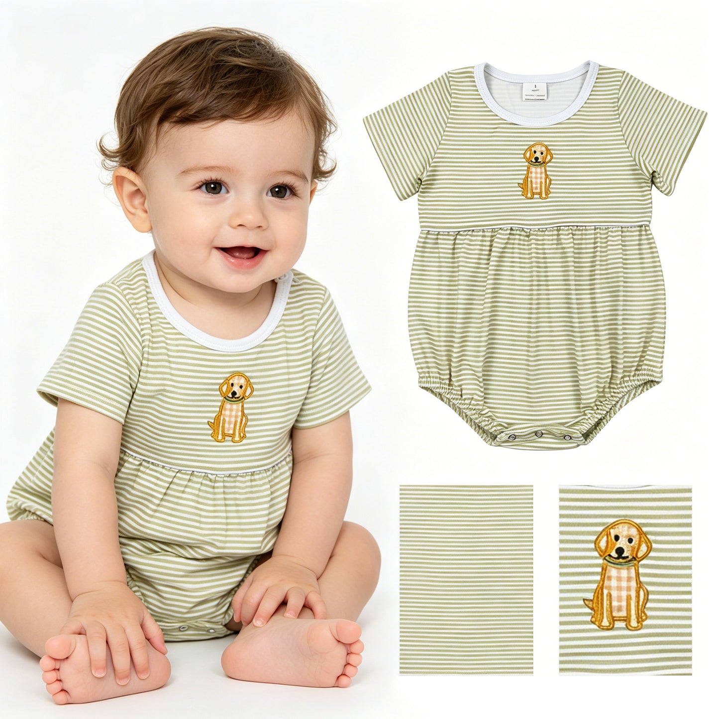 Embroidery Dogs Baby Boys Short Sleeve Stripe Hunting Rompers