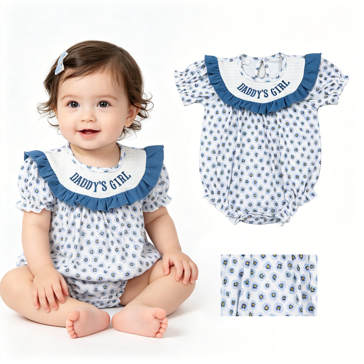 Smocked Daddy's Girl Blue Flowers Ruffle Rompers