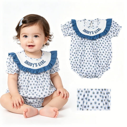 Smocked Daddy's Girl Blue Flowers Ruffle Rompers