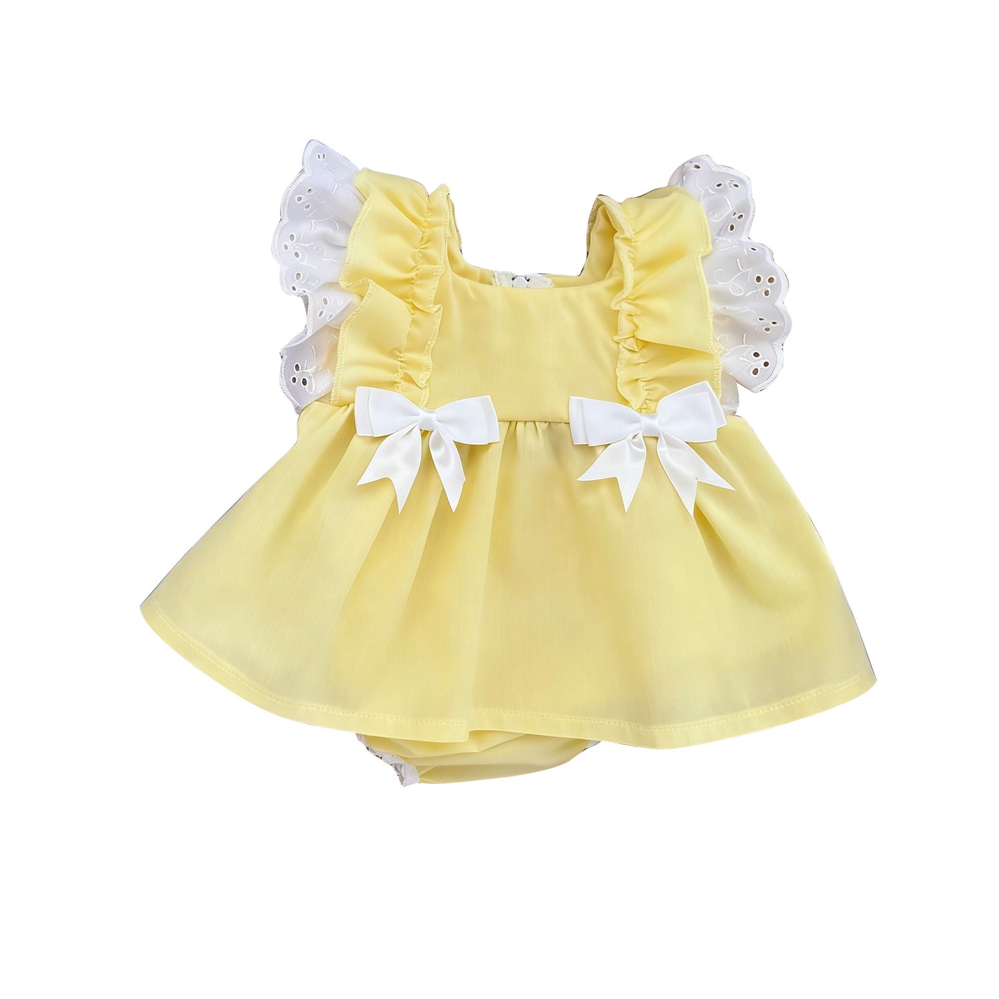 Baby Girls Yellow Flutter Sleeve Bows Tunic Ruffle Rompers Preorder