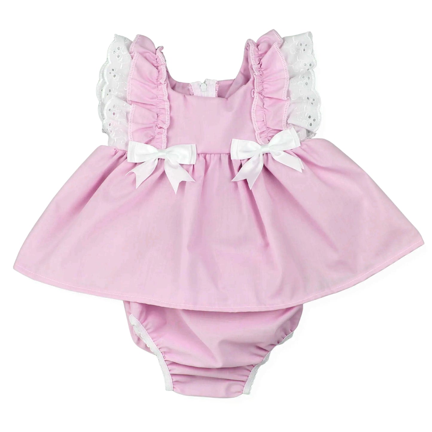 Baby Girls Pink Flutter Sleeve Bows Tunic Ruffle Rompers Preorder