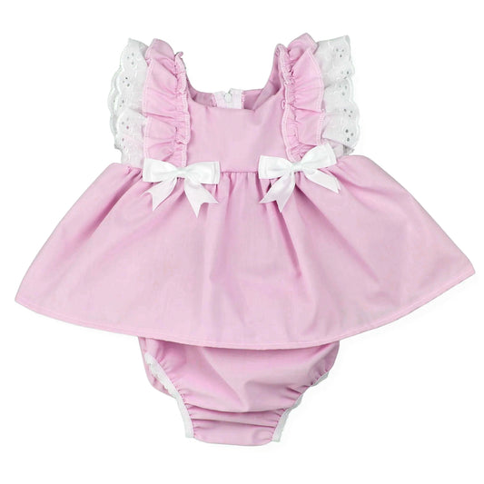 Baby Girls Pink Flutter Sleeve Bows Tunic Ruffle Rompers Preorder