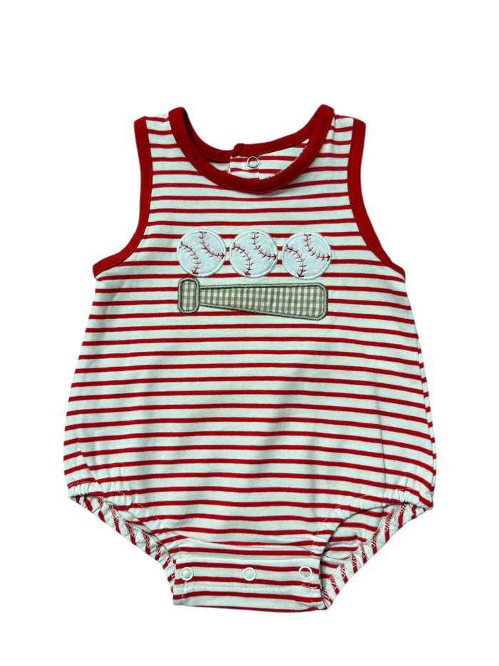 Baby Boys Sleeveless Red Stripe Baseballs Team Romper Preorder