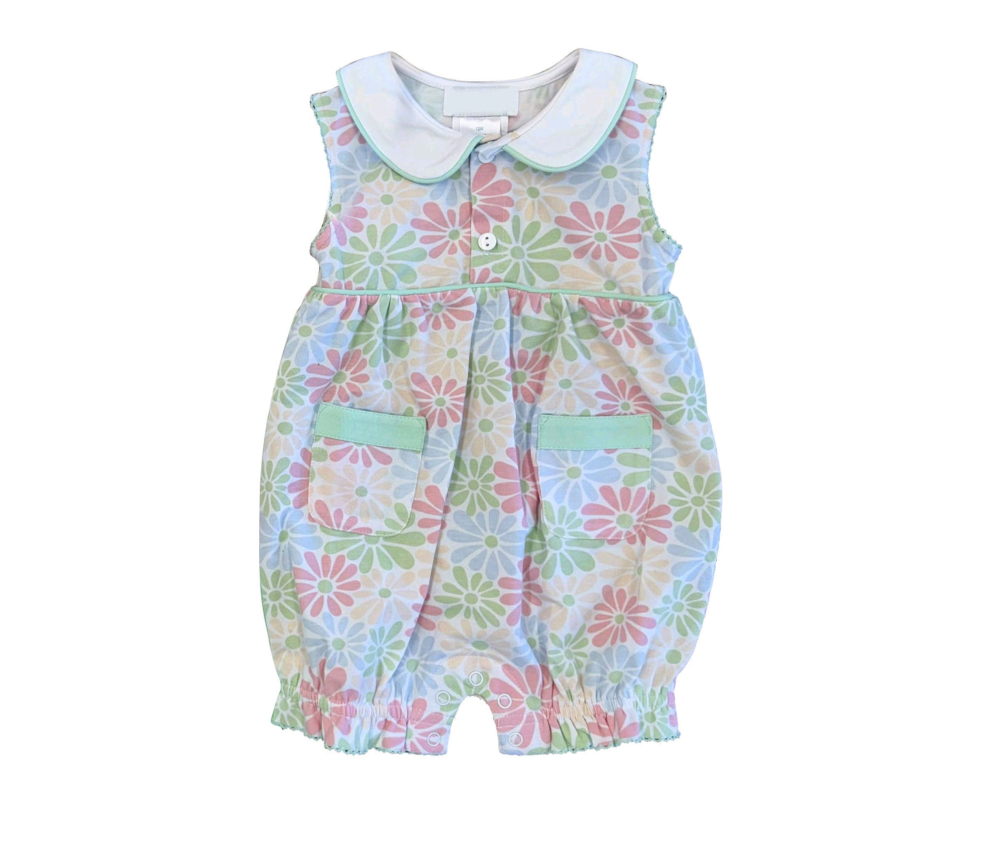 Baby Girls Colorful Daisy Collar Button Pockets Ruffle Romper Preorder