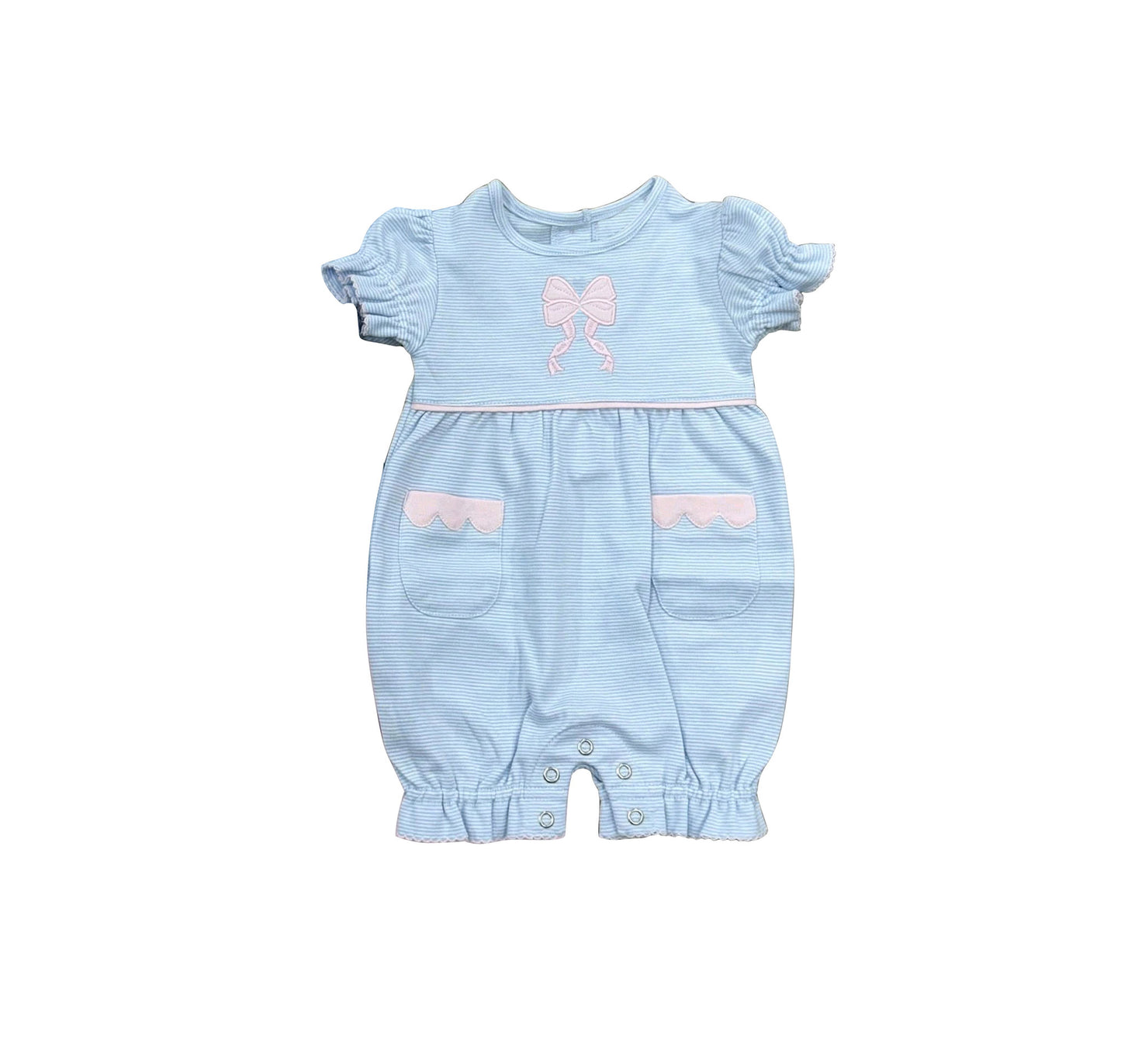 Baby Girls Blue Stripe Bows Pockets Ruffle Romper Preorder
