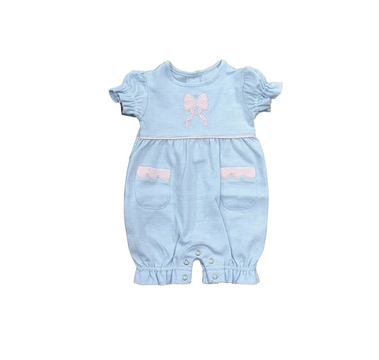 Baby Girls Blue Stripe Bows Pockets Ruffle Romper Preorder