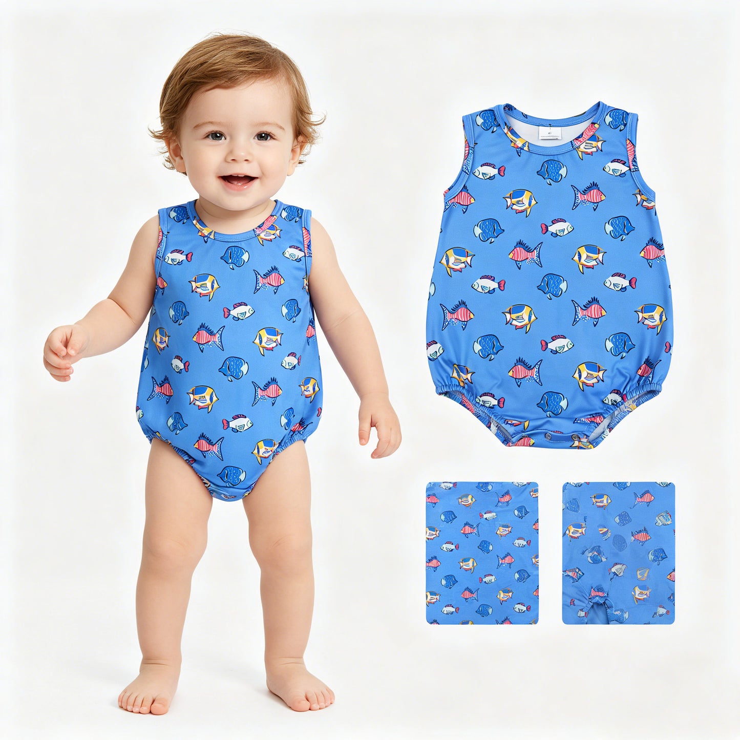 Baby Boys Sleeveless Red Blue Fishes 4th of July Romper