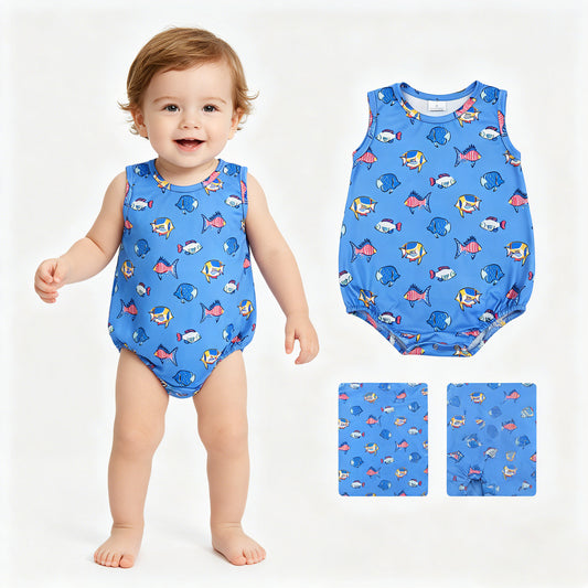 Baby Boys Sleeveless Red Blue Fishes 4th of July Romper