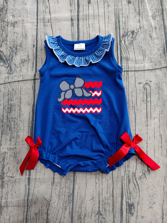 Embroidery Bows Flags Baby Girls Sleeveless 4th of July Ruffle Romper Preorder