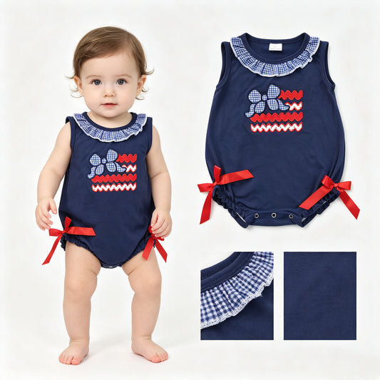 Embroidery Bows Flags Baby Girls Sleeveless 4th of July Ruffle Romper