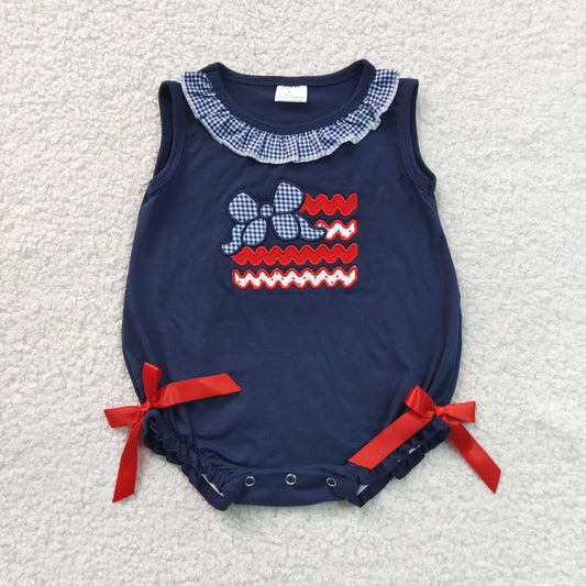 Embroidery Bows Flags Baby Girls Sleeveless 4th of July Ruffle Romper
