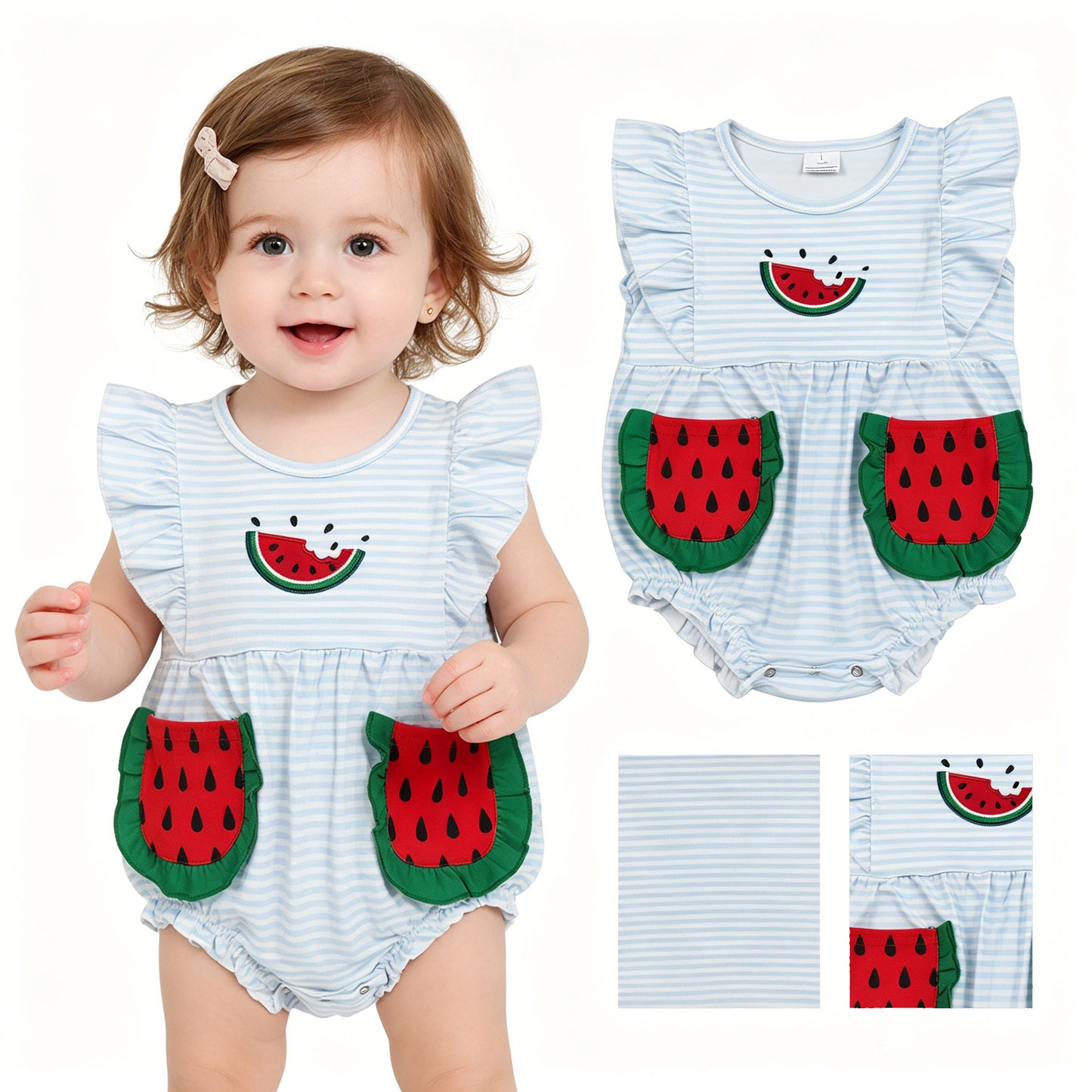 Embroidery Watermelon Baby Girls Flutter Sleeve Blue Stripe Pockets Ruffle Romper