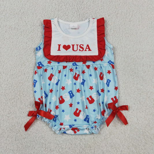 Baby Girls Sleeveless I Love USA Stars 4th of July Ruffle Romper