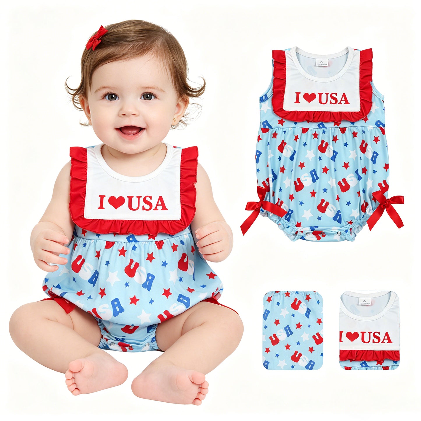 Baby Girls Sleeveless I Love USA Stars 4th of July Ruffle Romper