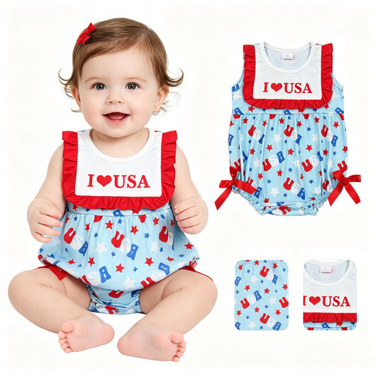 Baby Girls Sleeveless I Love USA Stars 4th of July Ruffle Romper