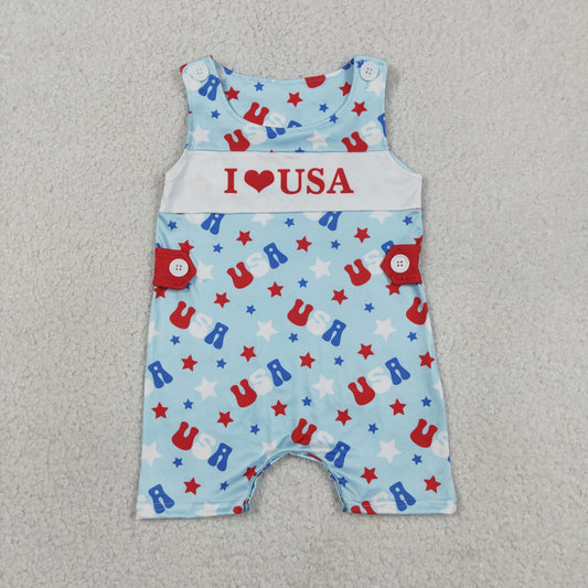 Baby Boys Sleeveless I Love USA Stars 4th of July Shorts Romper