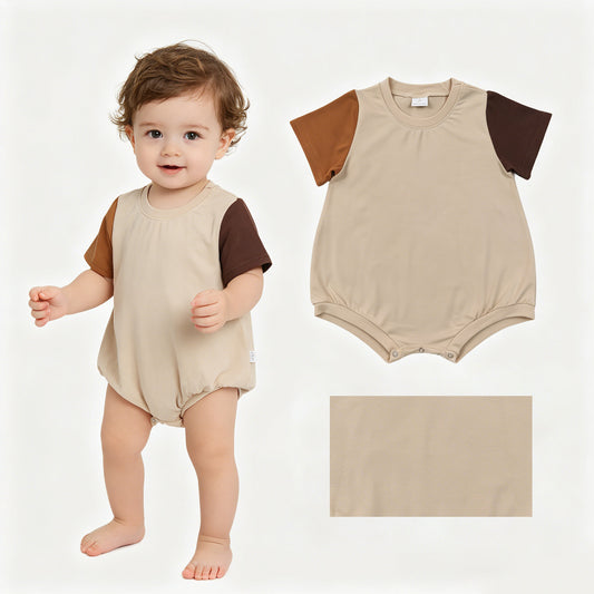 Baby Boys Khaki Brown Patchwork Short Sleeve Romper