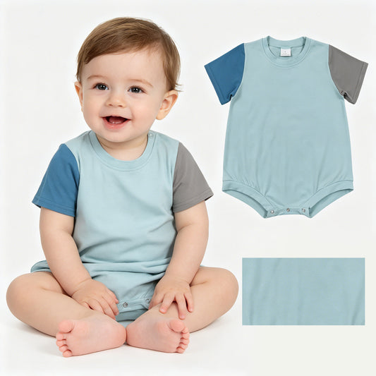 Baby Boys Blue Grey Patchwork Short Sleeve Romper