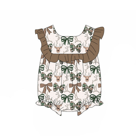 Baby Girls Sleeveless Camo Bows Deer Hunting Ruffle Romper Preorder