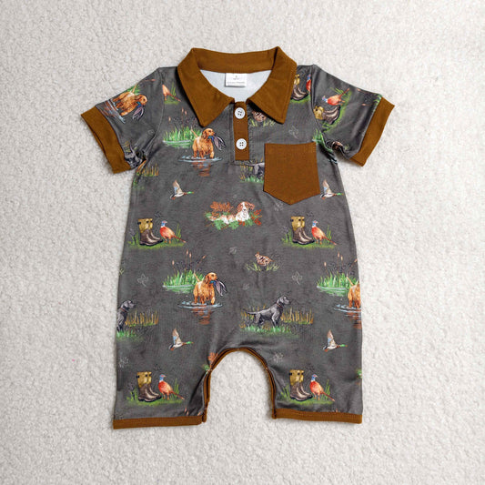 Baby Boys Short Sleeve Ducks Dogs Button Pocket Hunting Romper