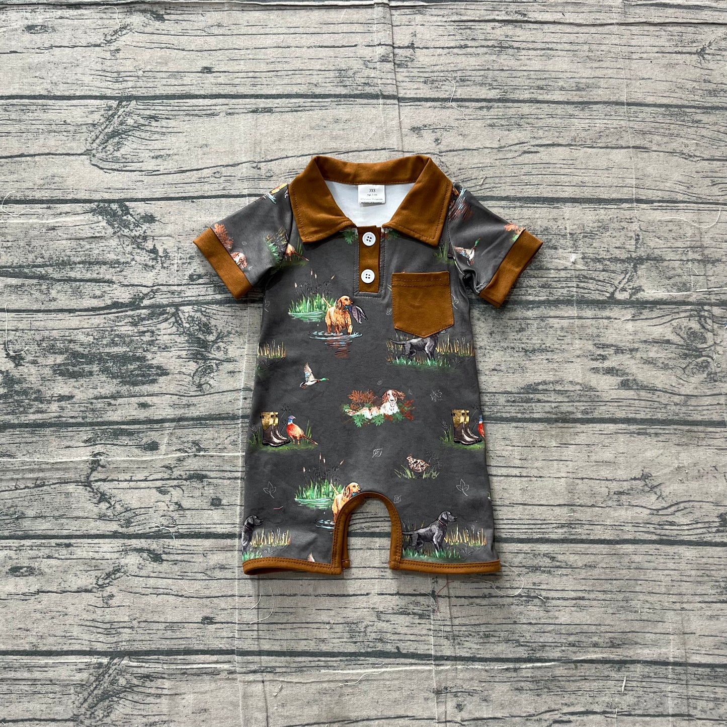 Baby Boys Short Sleeve Ducks Dogs Button Pocket Hunting Romper Preorder