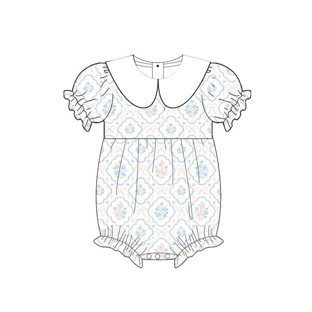 Baby Girls Bows Flowers Checked Collar Ruffle Romper Preorder
