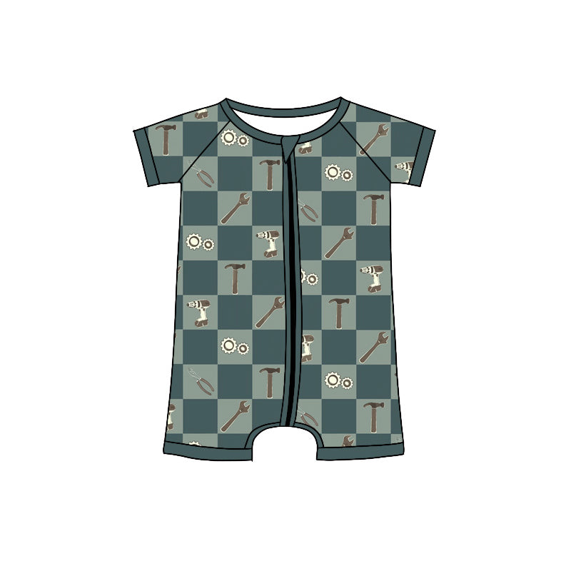 Baby Boys Short Sleeve Green Checked Tools Zipper Romper Preorder