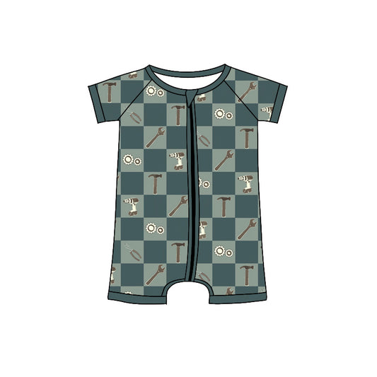 Baby Boys Short Sleeve Green Checked Tools Zipper Romper Preorder