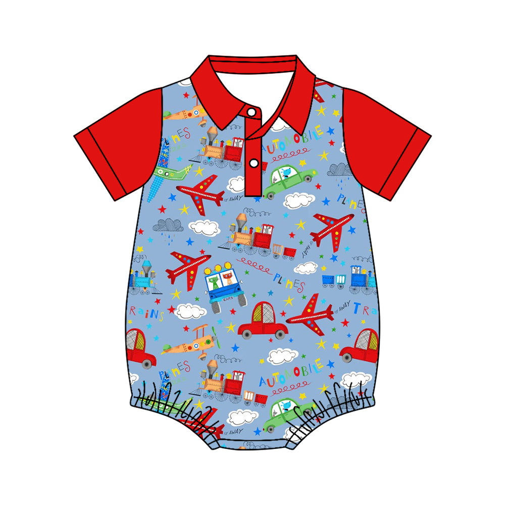 Baby Boys Short Sleeve Planes Trains Button Romper Preorder