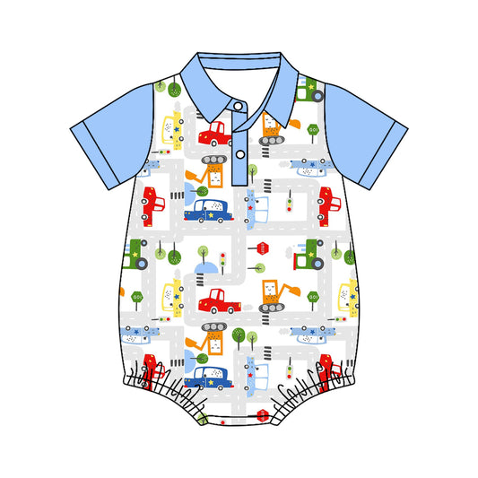 Baby Boys Short Sleeve Excavators Cars Button Romper Preorder