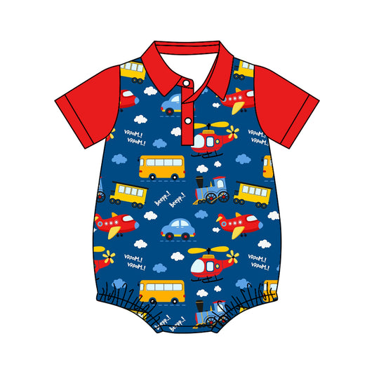 Baby Boys Short Sleeve Planes Bus Button Romper Preorder