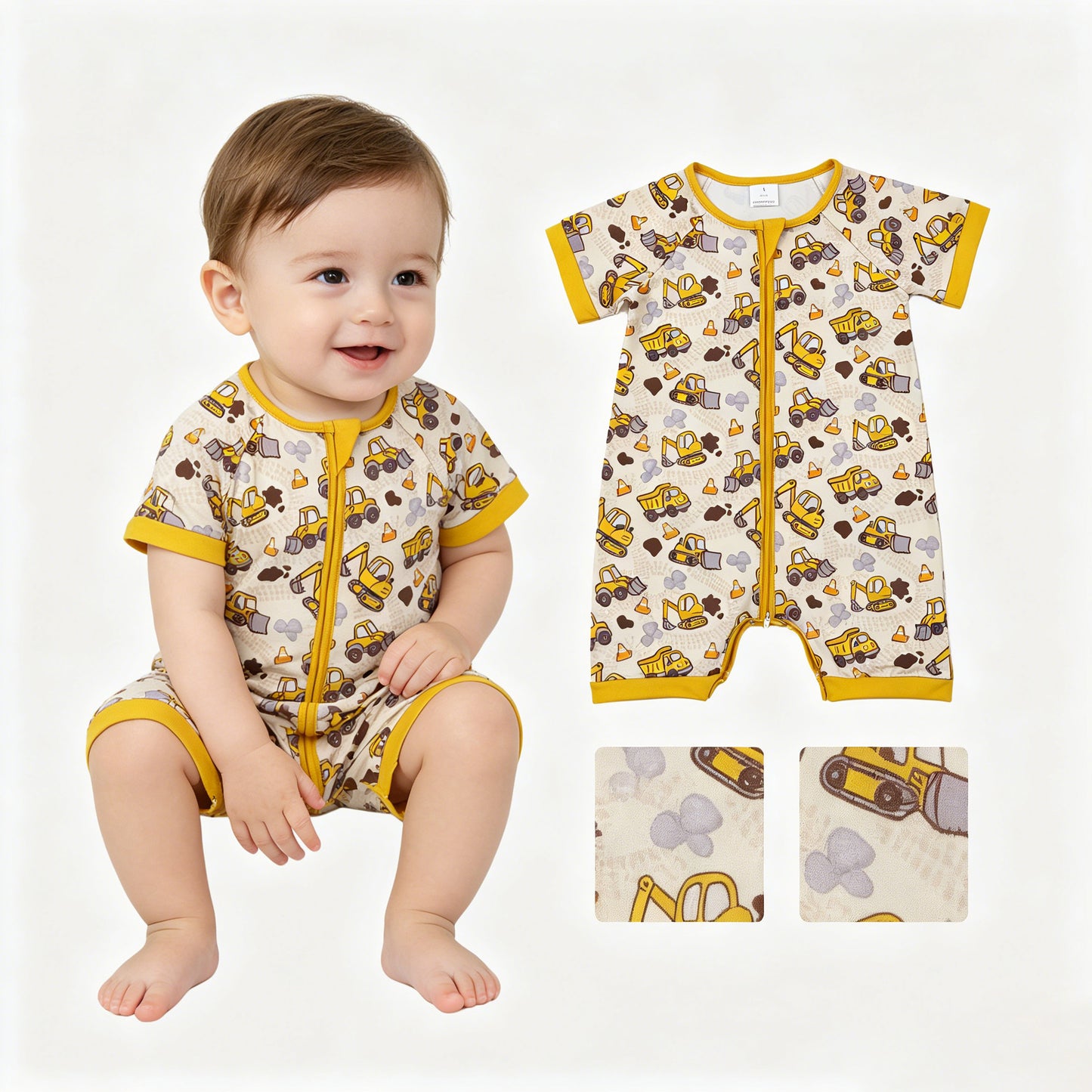 Baby Boys Short Sleeve Excavators Tractors Zipper Short Romper