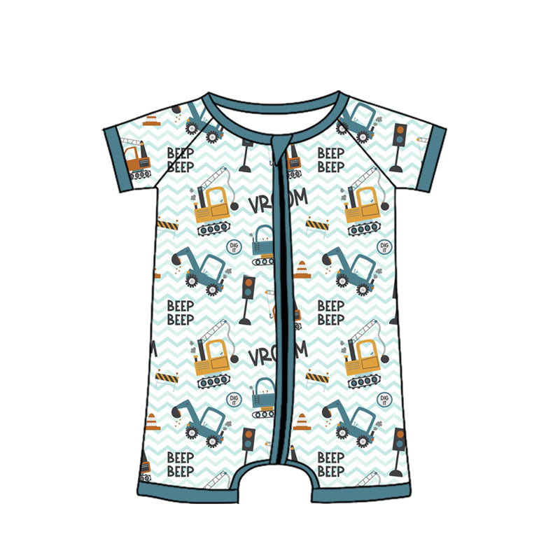 Baby Boys Short Sleeve Excavators Tractors Zipper Romper Preorder