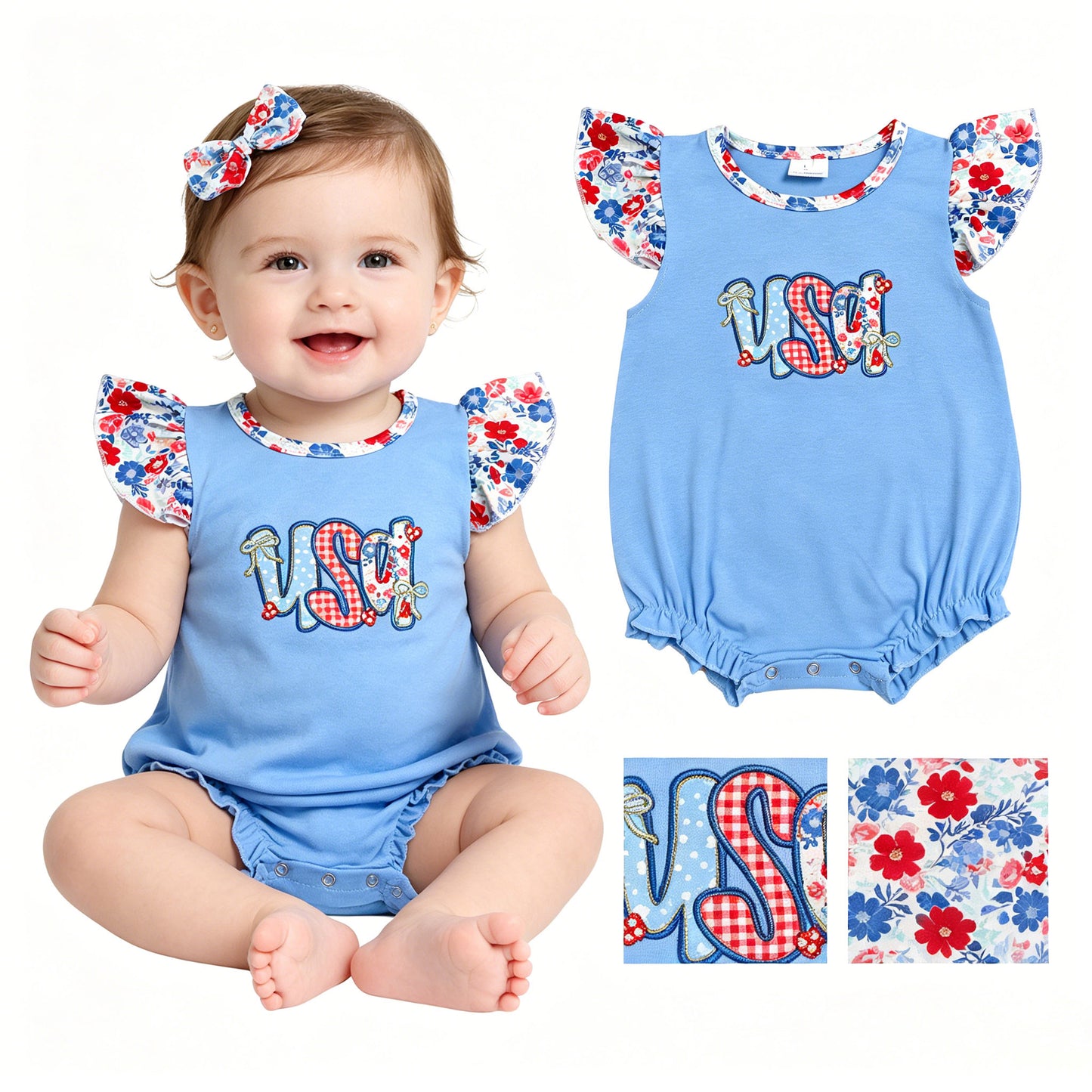 Embroidery USA Baby Girls Flutter Sleeve 4th of July Ruffle Rompers