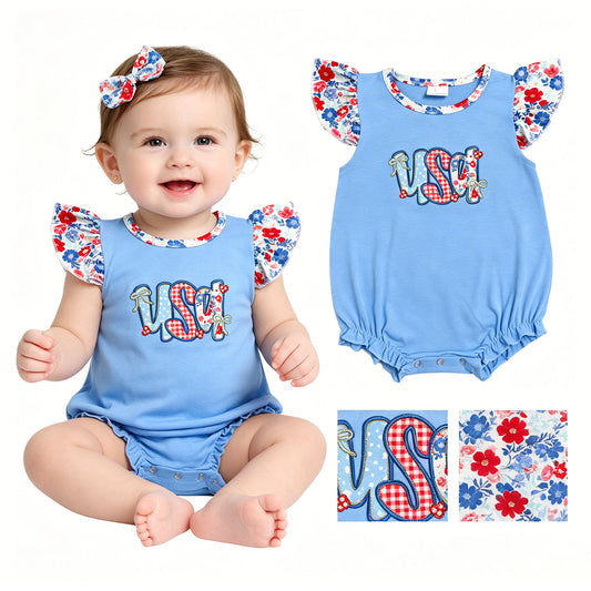 Embroidery USA Baby Girls Flutter Sleeve 4th of July Ruffle Rompers