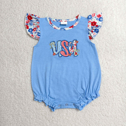 Embroidery USA Baby Girls Flutter Sleeve 4th of July Ruffle Rompers