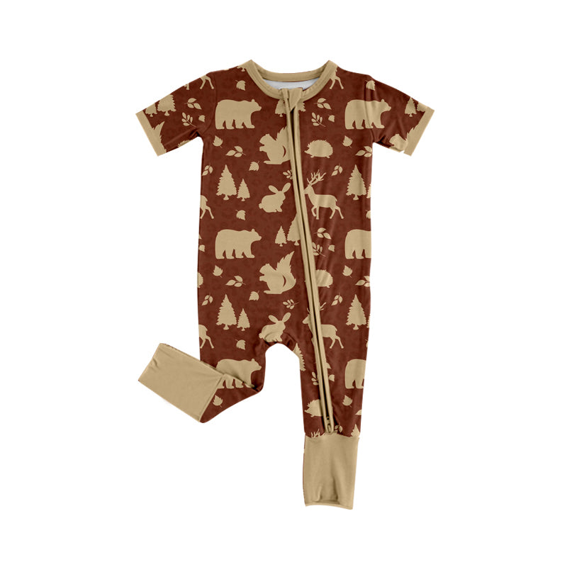 Baby Boys Short Sleeve Bears Deer Two Way Zip Convertible Hunting Rompers Preorder