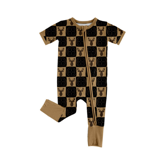 Baby Boys Short Sleeve Deer Checked Two Way Zip Convertible Hunting Rompers Preorder