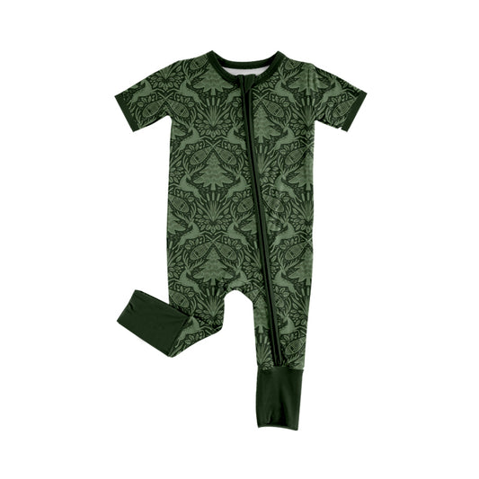 Baby Girls Green Short Sleeve Deer Two Way Zip Convertible Hunting Rompers Preorder