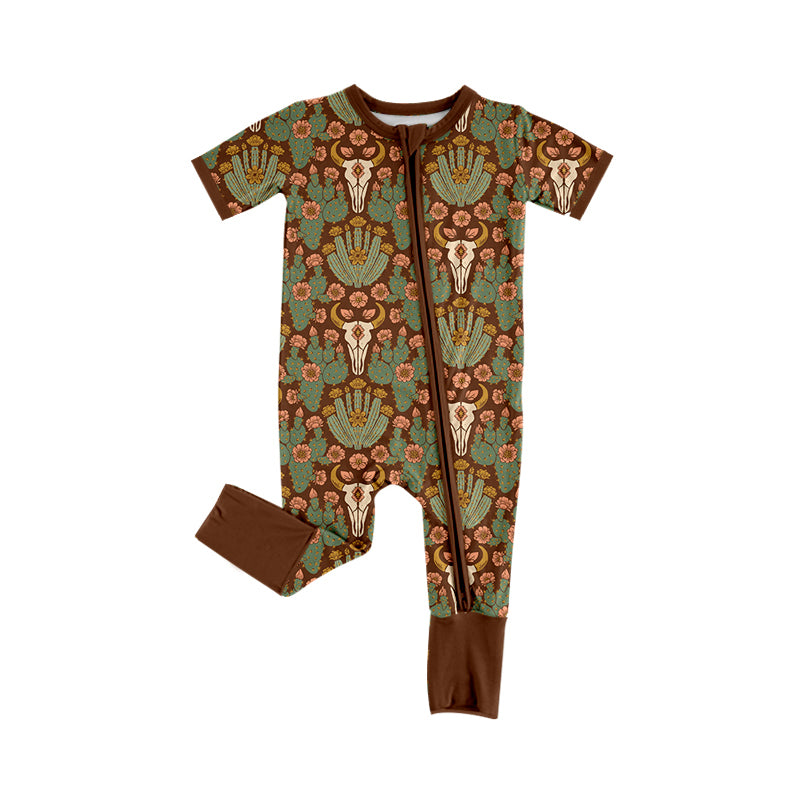 Baby Girls Short Sleeve Cactus Bull Skulls Two Way Zip Convertible Western Rompers Preorder