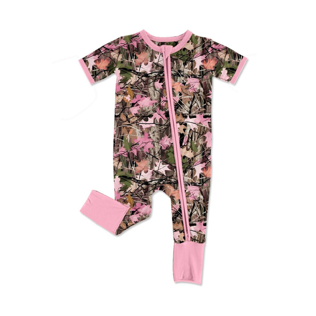 Baby Girls Pink Leaves Camo Two Way Zip Convertible Hunting Rompers Preorder