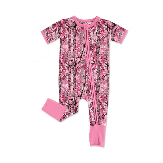 Baby Girls Pink Leaves Camo Two Way Zip Convertible Hunting Rompers Preorder