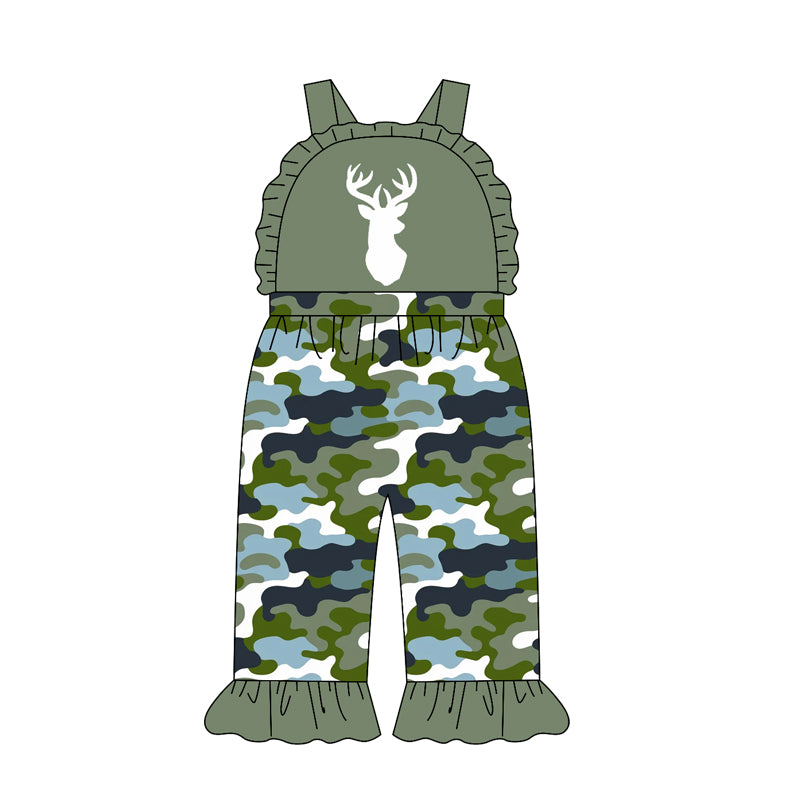 Baby Girls Strap Deer Blue Green Camo Ruffle Pant Hunting Jumpsuits Preorder