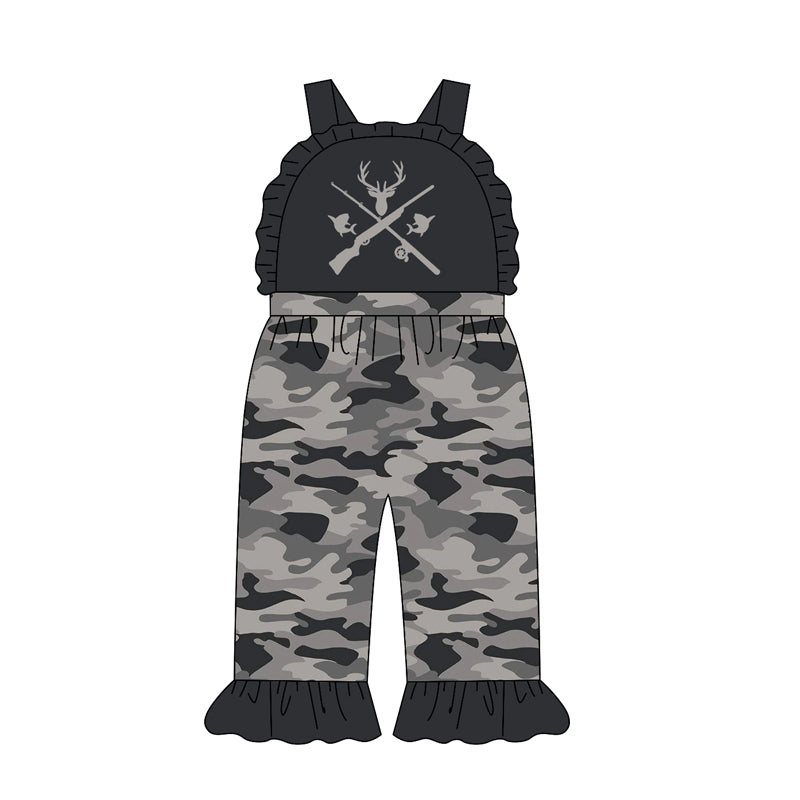Baby Girls Strap Deer Fish Black Camo Ruffle Pant Hunting Jumpsuits Preorder