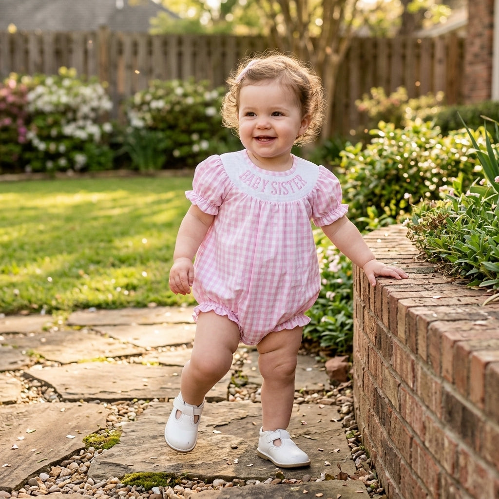 Smocked Baby Sister Short Sleeve Pink Checked Ruffle Rompers